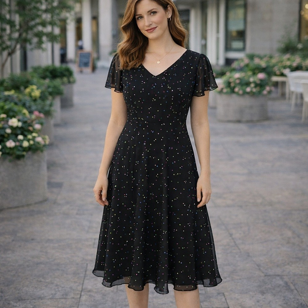 Talbots Petites Black Pure Silk Confetti Polka Dot V-Neck Empire Midi Dress 10P